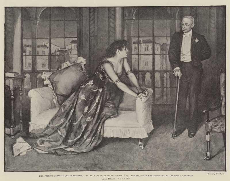 Mrs. Patrick Campbell (Agnes Ebbsmith) und Mr. Hare (Herzog von St. Olpherts) in Die berüchtigte Mrs. Ebbsmith, im Garrick Theatre von Walter Paget