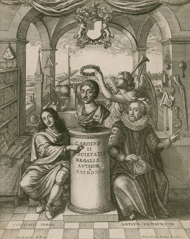 Büste von Charles II., mit Lord Brouncker (links), dem ersten Präsidenten der Royal Society, und Francis Bacon (rechts) von Wenceslaus Hollar