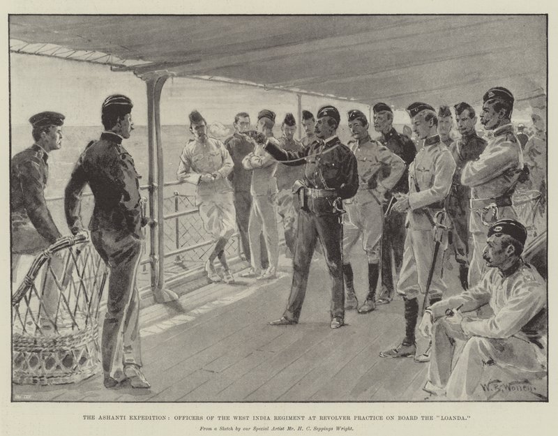 Die Ashanti-Expedition, Offiziere des West India Regiments beim Revolvertraining an Bord der Loanda von William Barnes Wollen