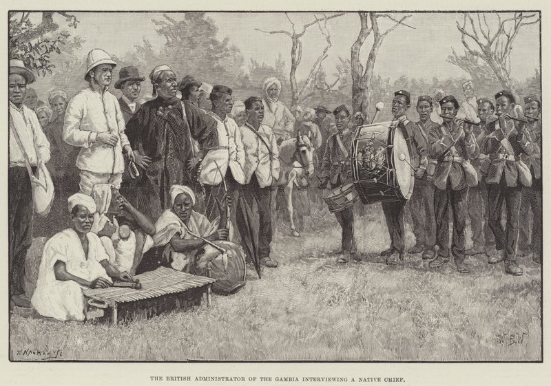 Der britische Verwalter von Gambia im Gespräch mit einem einheimischen Häuptling von William Barnes Wollen