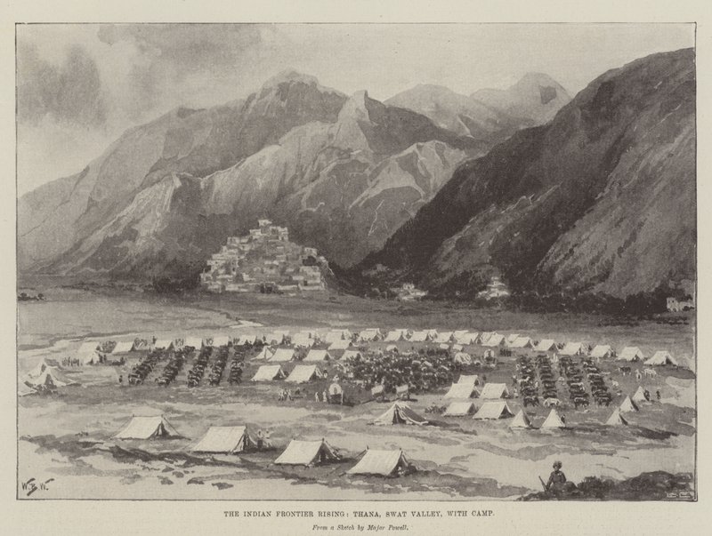 Der indische Grenzaufstand, Thana, Swat-Tal, mit Lager von William Barnes Wollen