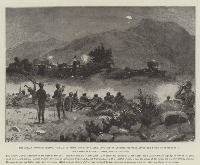Der Aufstand an der indischen Grenze, Dorf Bilot, Mohmand-Tal, besetzt von General Jeffreys nach dem Kampf vom 16. September von William Barnes Wollen