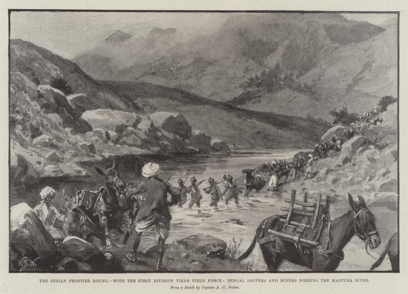 Der indische Grenzaufstand, mit der ersten Division der Tirah-Feldtruppe, Bengal Sappers und Miners durchqueren den Mastura-Fluss von William Barnes Wollen