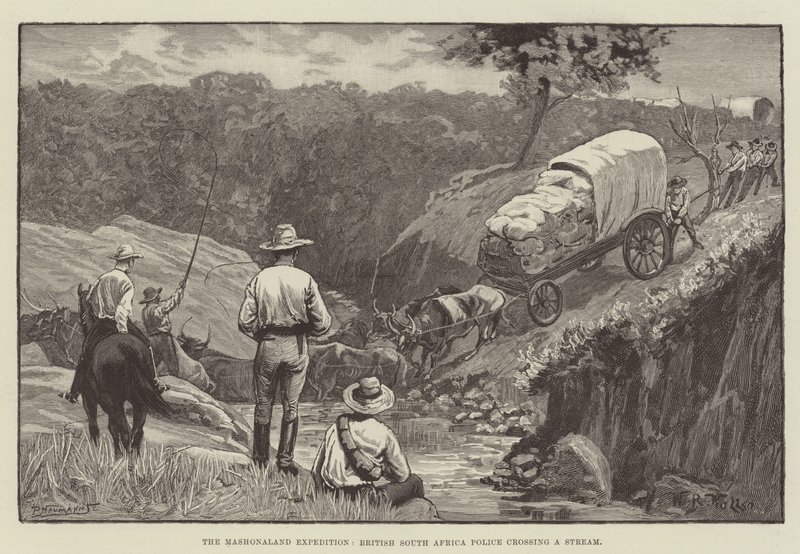 Die Mashonaland-Expedition, Britische Südafrika-Polizei überquert einen Bach von William Barnes Wollen
