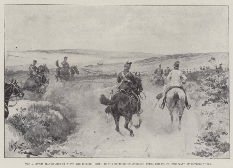 Die Militärmanöver in Wilts und Dorset, auf dem Weg zur Offizierskonferenz nach dem Kampf, zwei Wege dorthin von William Barnes Wollen
