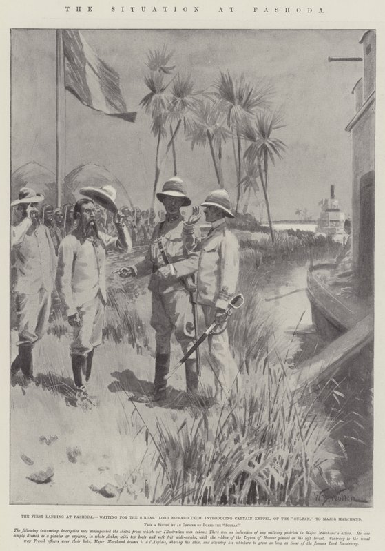 Die Situation in Fashoda, die erste Landung in Fashoda, warten auf den Sirdar, Lord Edward Cecil stellt Captain Keppel, vom Sultan, Major Marchand vor von William Barnes Wollen