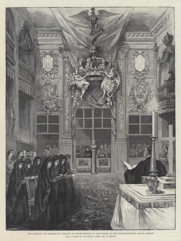 Der Kaiser und die Kaiserin von Deutschland beim Gottesdienst in der Kapelle des Schlosses Charlottenburg, Berlin von William Crimea Simpson