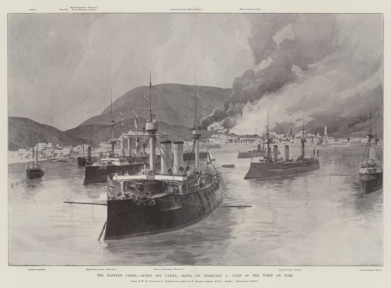 Die östliche Krise, Szene vor Canea, Kreta, am 5. Februar, ein Teil der Stadt in Flammen von William Heysham Overend