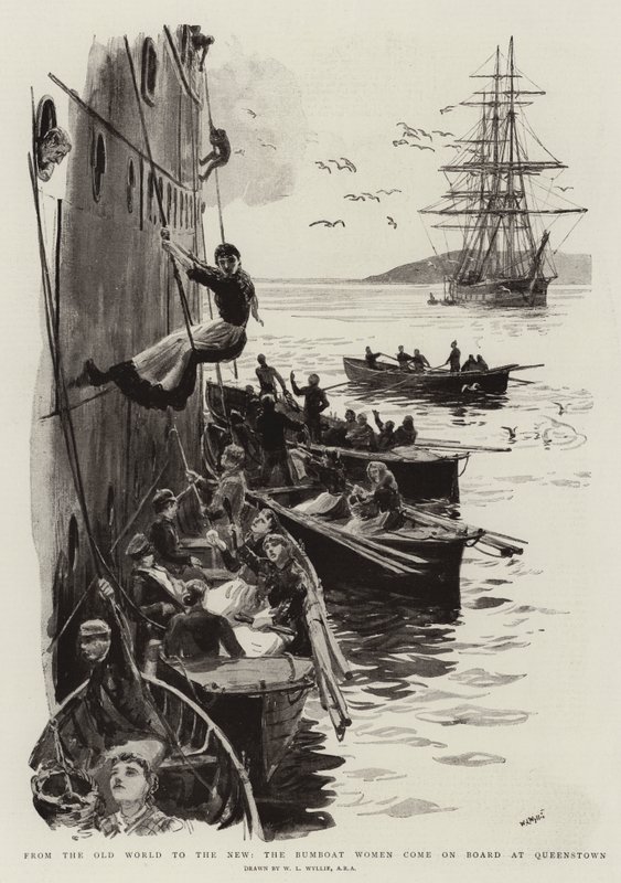 Von der alten Welt in die neue, die Bumboot-Frauen kommen in Queenstown an Bord von William Lionel Wyllie