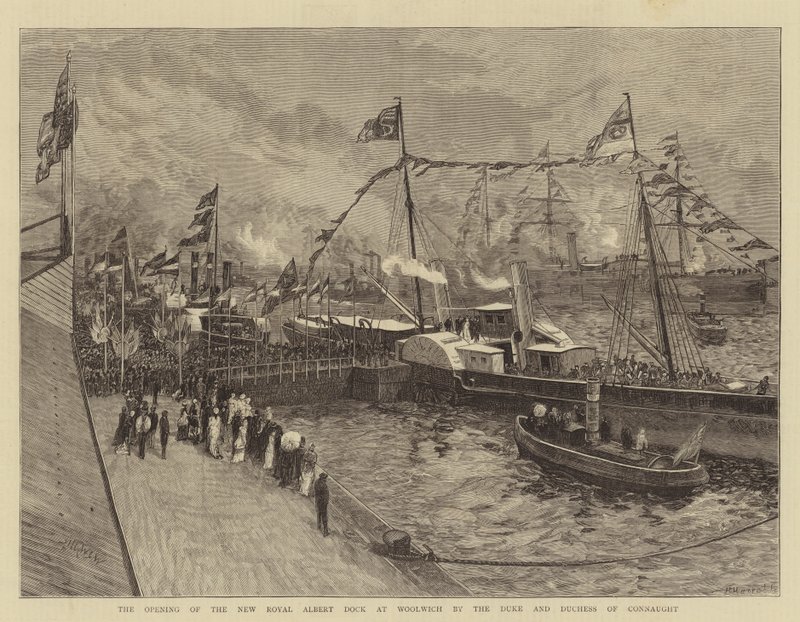 Die Eröffnung des neuen Royal Albert Dock in Woolwich durch den Herzog und die Herzogin von Connaught von William Lionel Wyllie