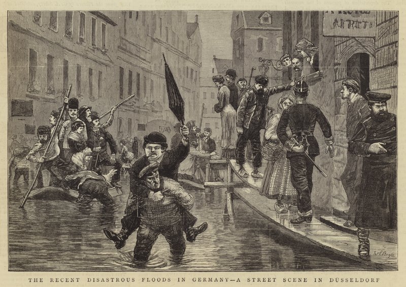 Die jüngsten katastrophalen Überschwemmungen in Deutschland, eine Straßenszene in Düsseldorf von William Lockhart Bogle