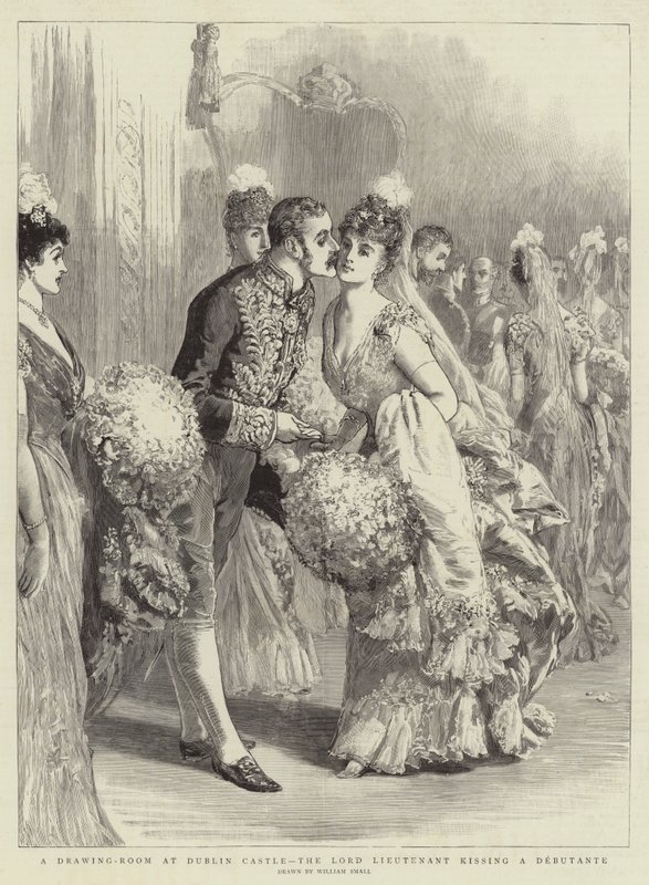Ein Salon im Dublin Castle, der Lord Lieutenant küsst eine Debütantin von William Small