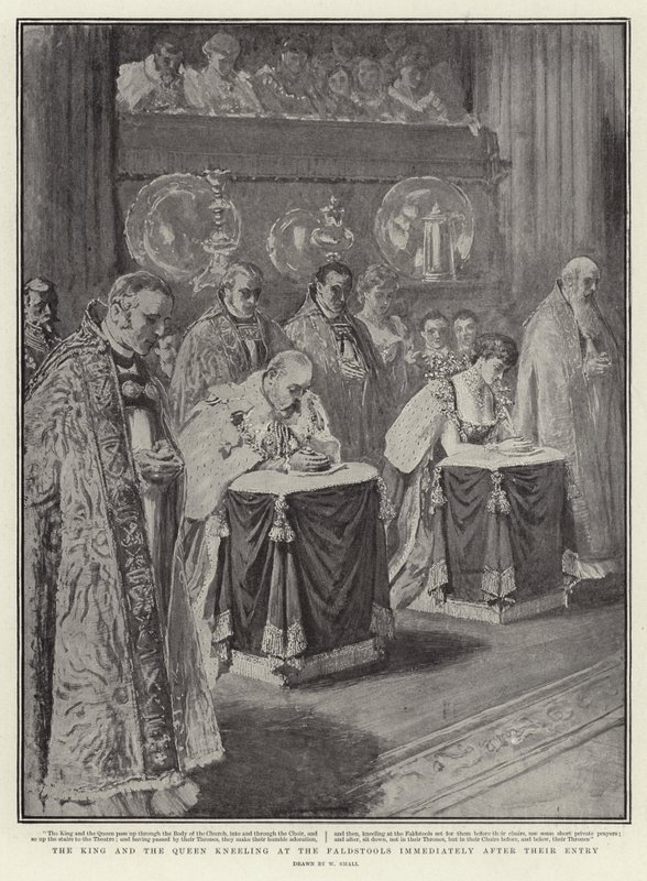 Der König und die Königin knien an den Faldstühlen unmittelbar nach ihrem Eintritt von William Small