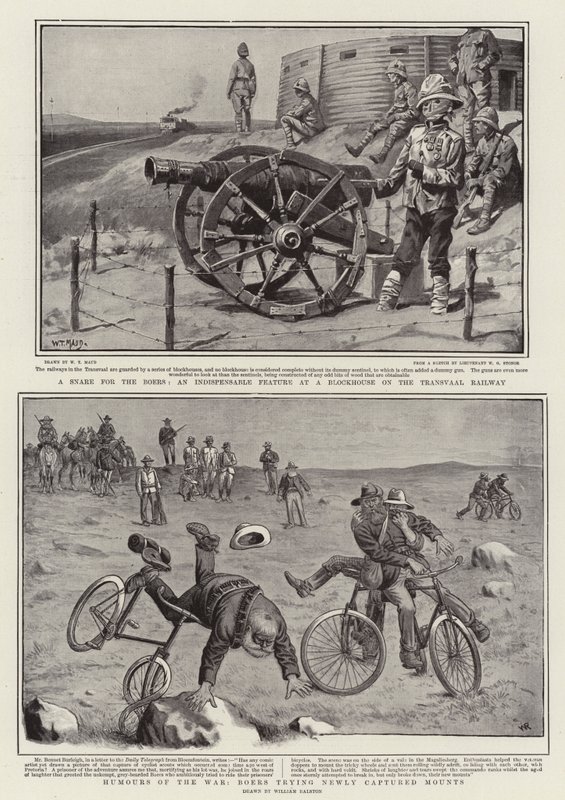 Eine Falle für die Buren, ein unverzichtbares Merkmal an einem Blockhaus an der Transvaal-Eisenbahn, Humor des Krieges, Buren versuchen neu erbeutete Reittiere von William T. Maud