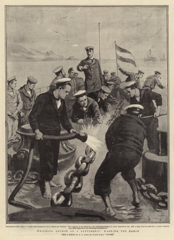 Anker lichten auf einem Kriegsschiff, das Kabel waschen von William T. Maud