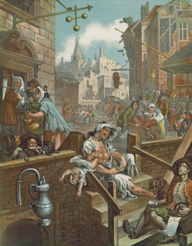 Chromolithographie von William Hogarths Gin Lane von William (after) Hogarth