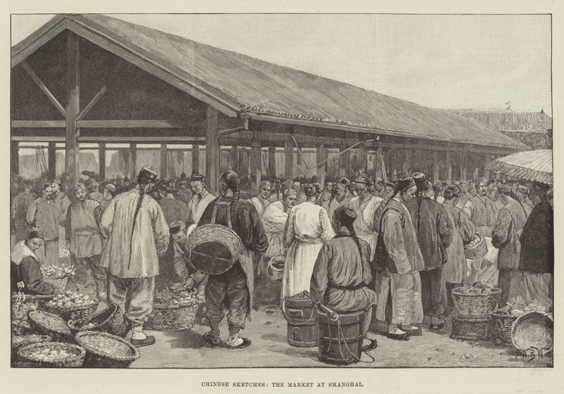 Chinesische Skizzen, der Markt in Shanghai von William Barnes Wollen