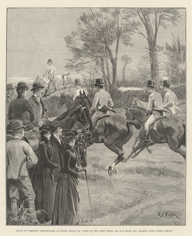 Steeplechase des Unterhauses in Rugby, 29. März, Ansturm am ersten Zaun, Mr. A. E. Pease, MP, führt mit Norah Creina von William Barnes Wollen
