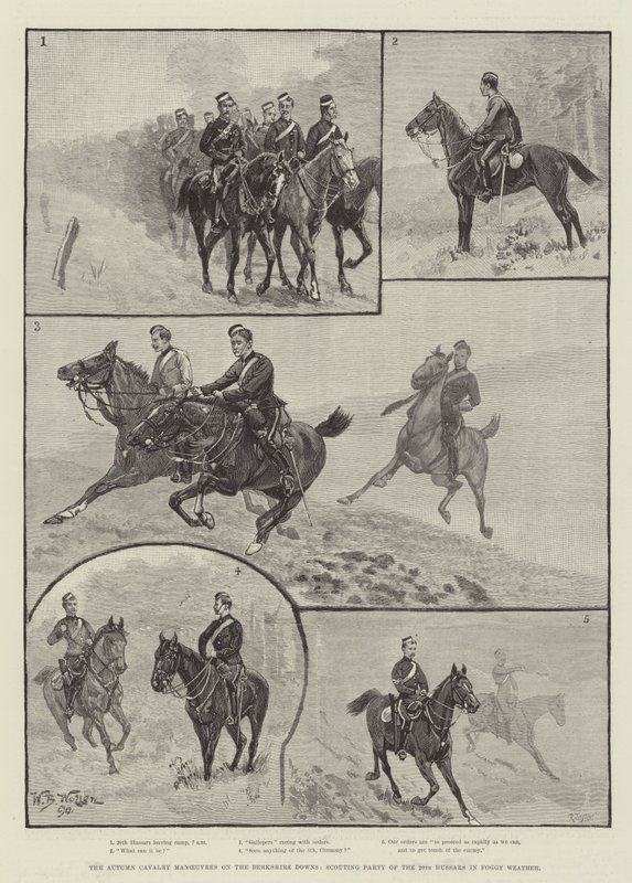 Die Herbstmanöver der Kavallerie auf den Berkshire Downs, Spähtrupp der 20. Husaren bei nebligem Wetter von William Barnes Wollen