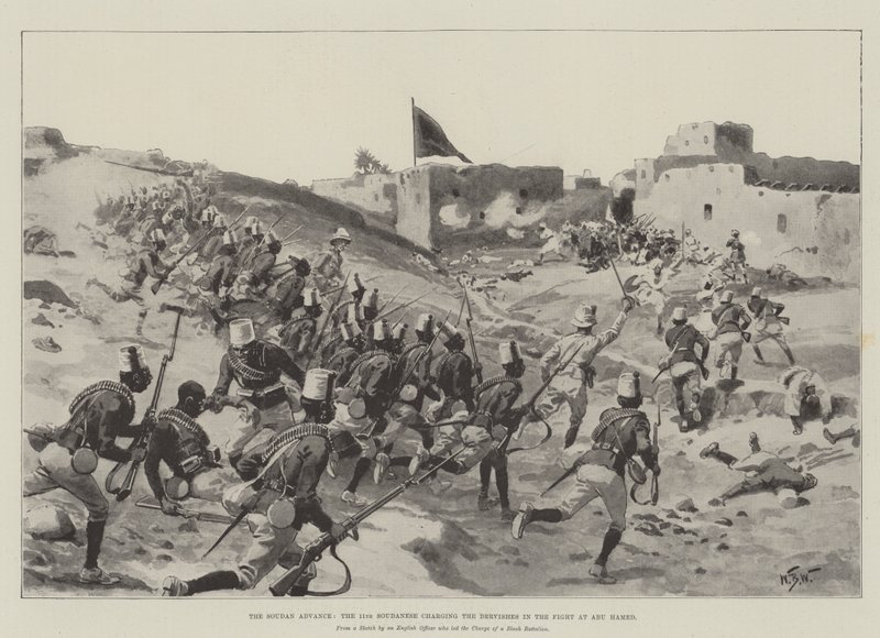 Der Vormarsch im Sudan, die 11. Sudanesen greifen die Derwische im Kampf bei Abu Hamed an von William Barnes Wollen
