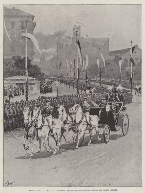 Besuch des Zaren und der Zarin in Wien, die beiden Kaiser reiten durch die Praterstraße von William Barnes Wollen
