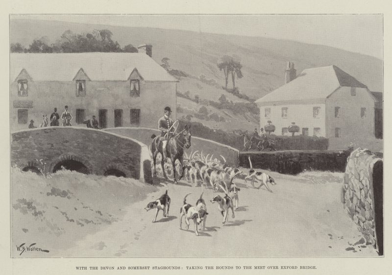 Mit den Devon und Somerset Staghounds, die Hunde zum Treffen über die Exford-Brücke bringen von William Barnes Wollen