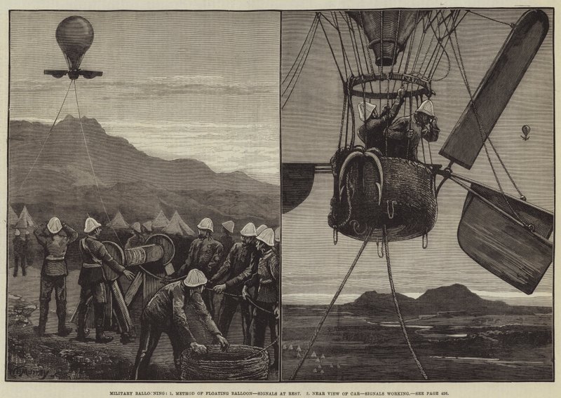 Militärballonfahren, Methode des Schwebens, Signale im Ruhezustand, Nahansicht des Wagens, Signale in Betrieb von William Bazett Murray