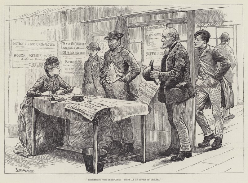 Registrierung der Arbeitslosen, Szene in einem Büro in Chelsea von William Douglas Almond