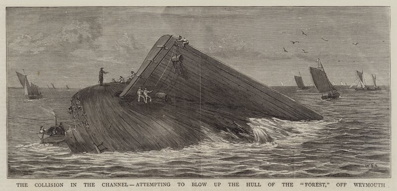 Die Kollision im Kanal, Versuch, den Rumpf der Forest vor Weymouth in die Luft zu sprengen von William Edward Atkins