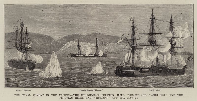 Das Seeschlacht im Pazifik, das Gefecht zwischen HMS Shah und Amethyst und dem peruanischen Rebellen-Ram Huascar vor Ilo, 29. Mai von William Edward Atkins