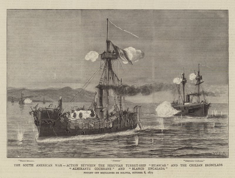 Der Südamerikanische Krieg, Aktion zwischen dem peruanischen Turmschiff Huascar und den chilenischen Panzerschiffen Almirante Cochrane und Blanco Encalada von William Edward Atkins