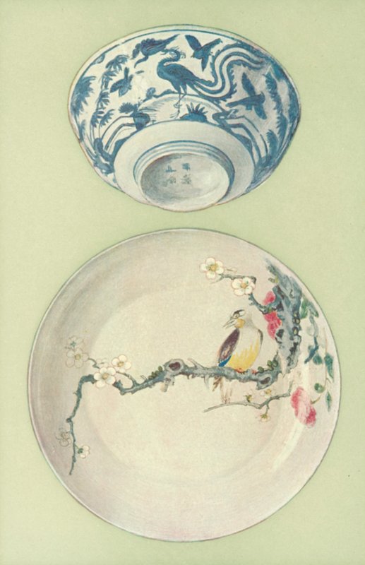 Schüssel, Periode von Chia Ching, und Teller, Periode von Young Cheng, chinesisch (Farblithografie) von William Gibb
