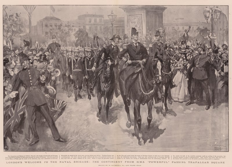 Londons Willkommen an die Marinebrigade, die Abordnung von HMS Powerful passiert den Trafalgar Square von William Hatherell