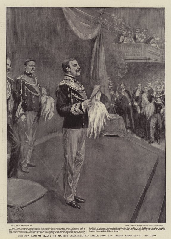 Der neue König von Italien, Seine Majestät hält seine Thronrede nach der Vereidigung von William Hatherell