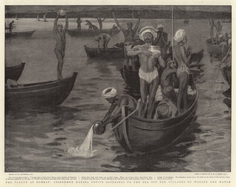 Die Pest in Bombay, Fischer machen Votivgaben an das Meer vor den Dörfern Worlee und Mahim von William Hatherell