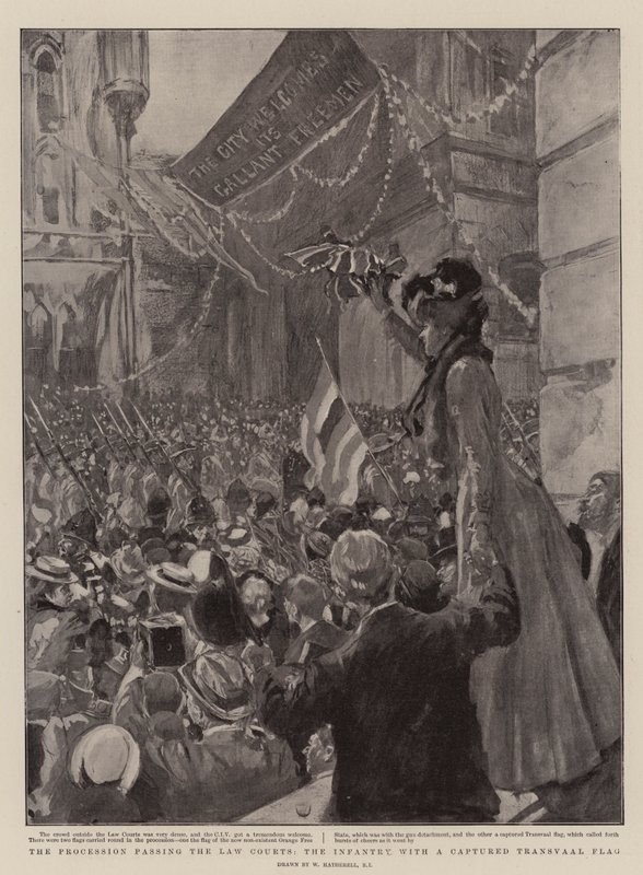 Die Prozession passiert die Gerichte, die Infanterie mit einer erbeuteten Transvaal-Flagge von William Hatherell