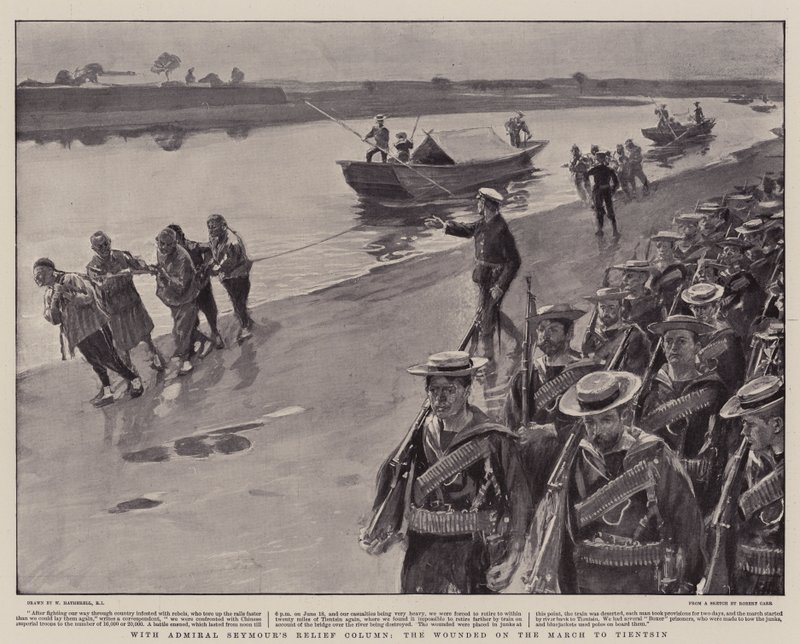 Mit Admiral Seymours Entsatzkolonne, die Verwundeten auf dem Marsch nach Tientsin von William Hatherell