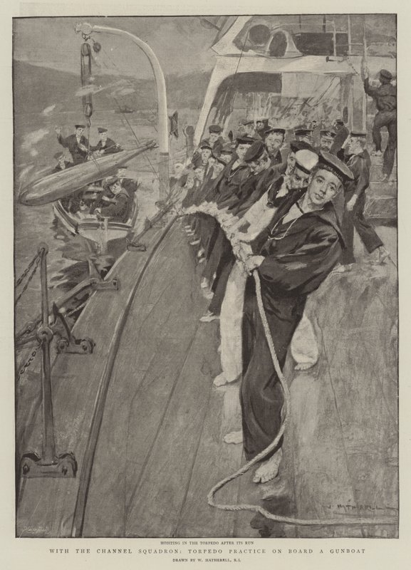Mit dem Kanalgeschwader, Torpedoübungen an Bord eines Kanonenbootes von William Hatherell