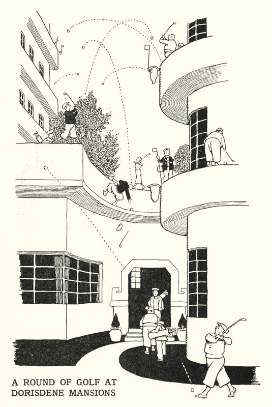 Eine Runde Golf in den Dorisdene Mansions von William Heath Robinson