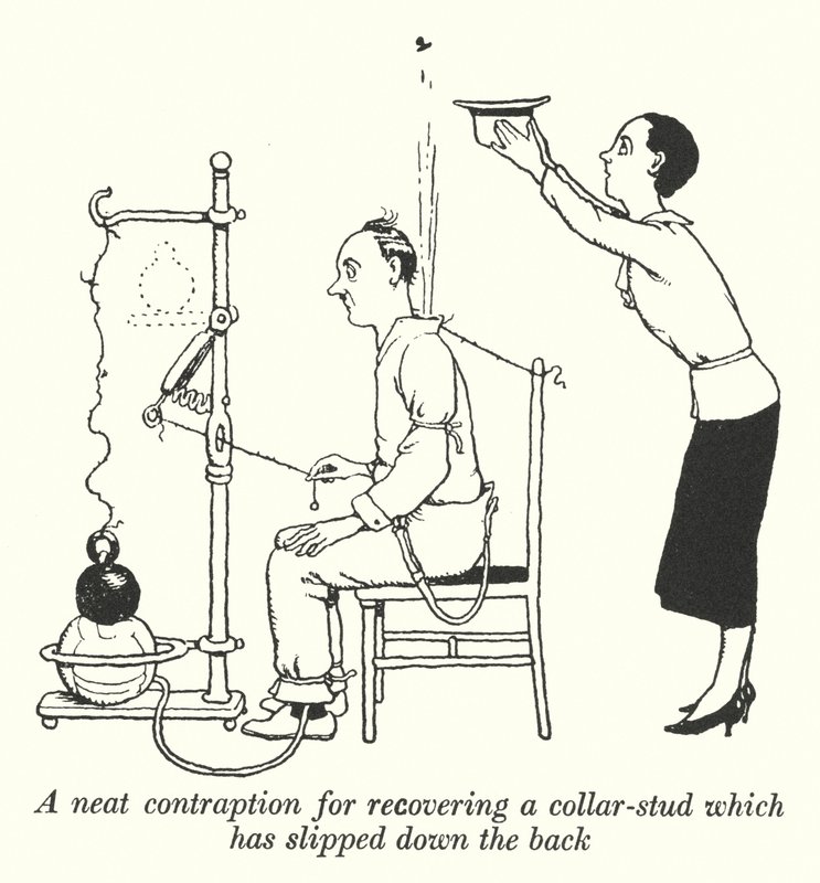 Eine ordentliche Vorrichtung, um einen Kragenknopf zu bergen, der nach hinten gerutscht ist von William Heath Robinson