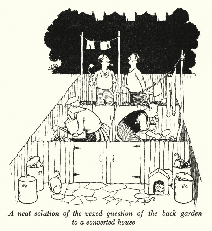 Eine elegante Lösung der schwierigen Frage des Hintergartens eines umgebauten Hauses von William Heath Robinson