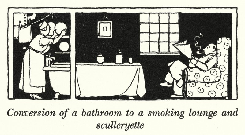 Umwandlung eines Badezimmers in eine Rauchlounge und eine kleine Küche von William Heath Robinson