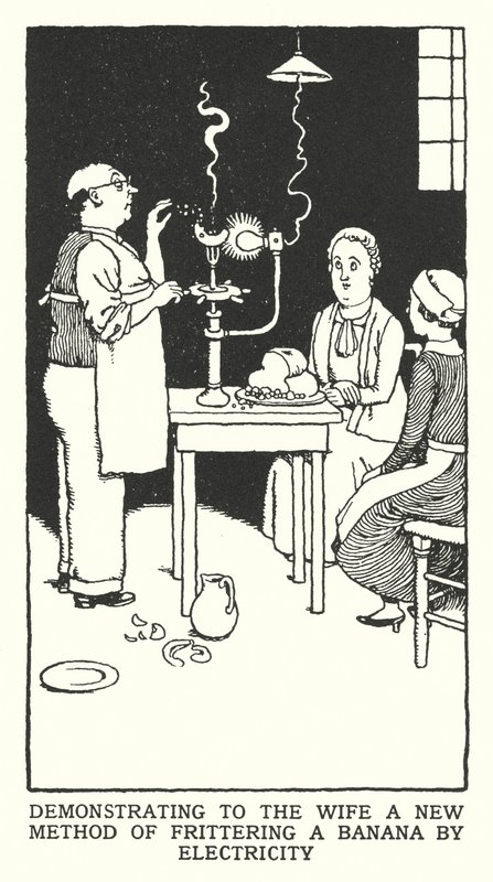 Der Ehefrau eine neue Methode des Bananenfrittierens mit Elektrizität demonstrieren (Lithografie) von William Heath Robinson