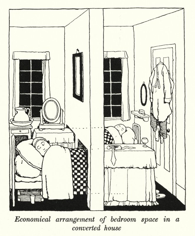 Ökonomische Anordnung des Schlafzimmers in einem umgebauten Haus (Lithografie) von William Heath Robinson