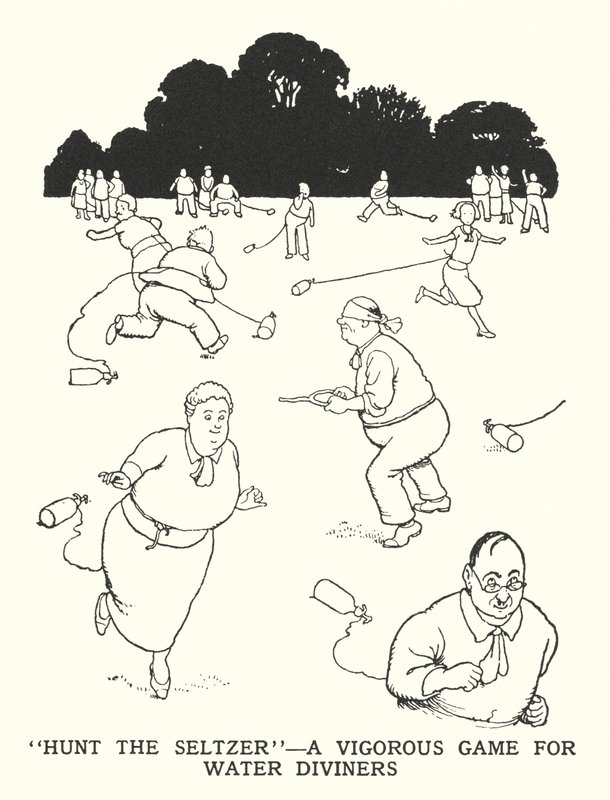 "Hunt the Seltzer", ein kräftiges Spiel für Wasserfinder (Lithografie) von William Heath Robinson