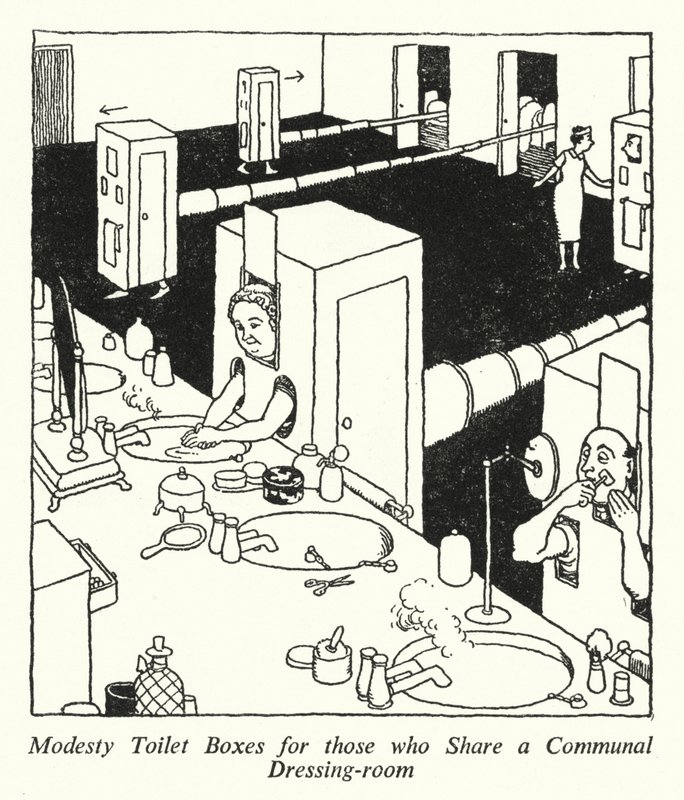 Scham-Toilettenkästen für diejenigen, die sich einen Gemeinschafts-Umkleideraum teilen von William Heath Robinson