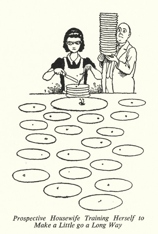 Zukünftige Hausfrau trainiert sich, mit wenig auszukommen (Lithografie) von William Heath Robinson
