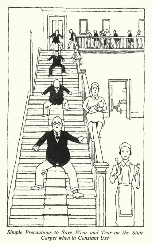 Einfache Vorsichtsmaßnahmen zur Schonung des Treppenteppichs bei ständigem Gebrauch (Lithografie) von William Heath Robinson