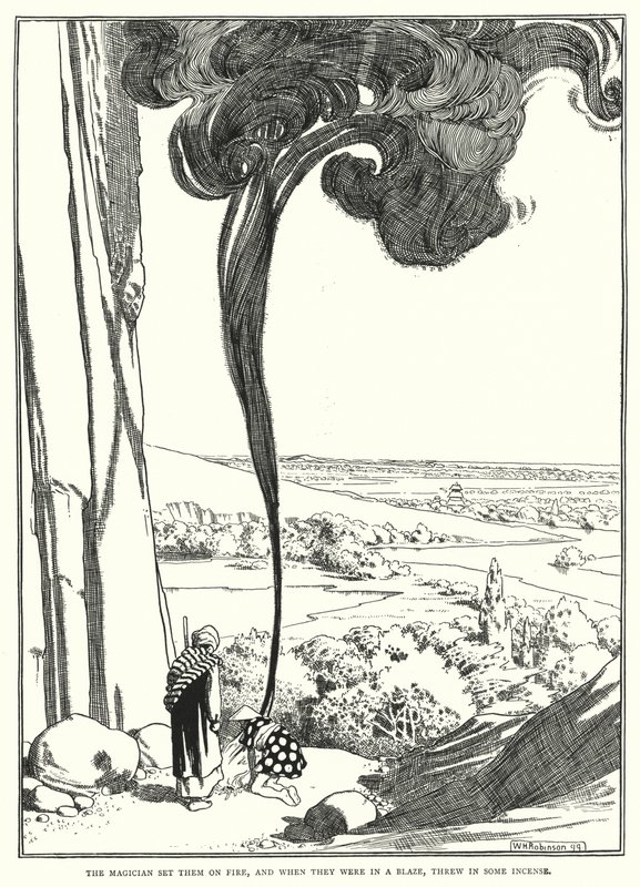 Der Magier setzte sie in Brand, und als sie in Flammen standen, warf er etwas Weihrauch hinein (Stich) von William Heath Robinson