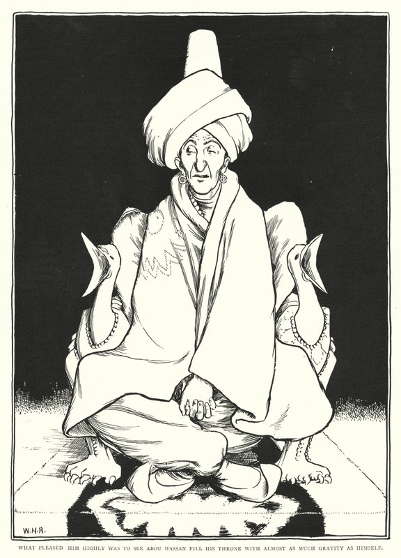 Was ihm sehr gefiel, war zu sehen, wie Abou Hassan seinen Thron fast so ernsthaft wie er selbst füllte (Gravur) von William Heath Robinson